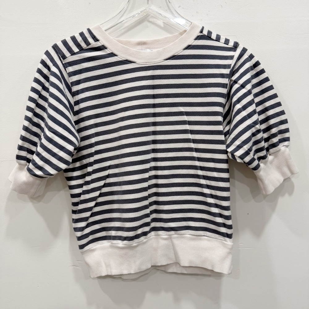 Evereve Gray White Stripe Puff Sleeve Sweater Top Size Small Cotton